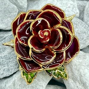 Vintage Joan Rivers Plique-à-Jour Enamel Red Rose Brooch Gold Tone Signed Rare